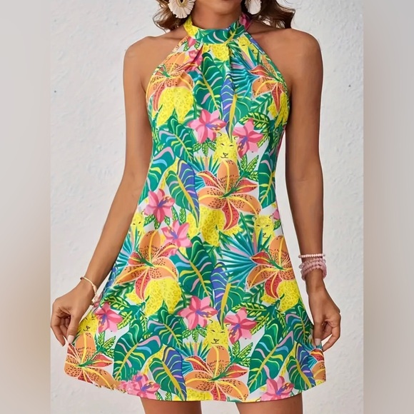 Boho Floral Print Halter Neck Dress, Vacation Sleeveless Mini Dress - Picture 3 of 3